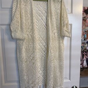 Cream Crochet Open Long Cardigan, Size M, fringe bottom, barely worn